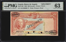 ANGOLA. Banco de Angola. 500 Escudos, 1956. P-90s. Specimen. PMG Choice Uncirculated 63.
PMG comments "Previously Mounted."

Estimate: $200.00- $30...