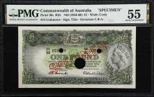 AUSTRALIA. Commonwealth Bank of Australia. 1 Pound, ND (1953-60). P-30s. R33. Specimen. PMG About Uncirculated 55.
R33. Specimen. An exceptional 1 po...