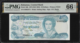 BAHAMAS. Central Bank of the Bahamas. 10 Dollars, 1974 (ND 1984). P-46b. PMG Gem Uncirculated 66 EPQ.

Estimate: $150.00- $250.00
