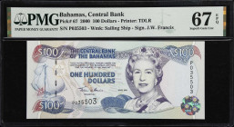 BAHAMAS. Central Bank of the Bahamas. 100 Dollars, 2000. P-67. PMG Superb Gem Uncirculated 67 EPQ.

Estimate: $250.00- $300.00