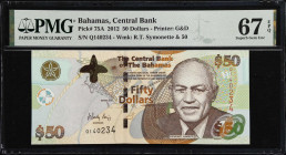 BAHAMAS. Central Bank of the Bahamas. 50 Dollars, 2012. P-75A. PMG Superb Gem Uncirculated 67 EPQ.

Estimate: $150.00- $200.00