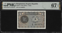 BANGLADESH. People's Republic of Bangladesh. 1 Taka, ND (1972). P-4. PMG Superb Gem Uncirculated 67 EPQ.
PMG Comments "Staple Holes at Issue."

Est...