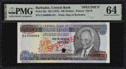 BARBADOS. Central Bank of Barbados. 100 Dollars, ND (1973). P-35s. Specimen. PMG Choice Uncirculated 64.

Estimate: $200.00- $300.00