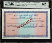BARBADOS. Government of Barbados. 5000 Dollars, 1922 (ND ca. 1980s). P-Unlisted. Specimen. PMG Uncirculated 62.
Treasury Bill. PMG Comments "Printer'...