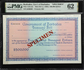BARBADOS. Government of Barbados. 500,000 Dollars, 1922 (ND ca. 1980s). P-Unlisted. Specimen. PMG Uncirculated 62.
Treasury Bill. PMG Comments "Print...