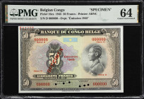 BELGIAN CONGO. Banque du Congo Belge. 50 Francs, 1945. P-16cs. Specimen. PMG Choice Uncirculated 64.

Estimate: $400.00- $800.00