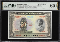 BELGIAN CONGO. Banque du Congo Belge. 50 Francs, 1946. P-16ds. Specimen. PMG Gem Uncirculated 65 EPQ.

Estimate: $400.00- $800.00