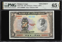 BELGIAN CONGO. Banque du Congo Belge. 50 Francs, 1948. P-16fs. Specimen. PMG Gem Uncirculated 65 EPQ.

Estimate: $400.00- $800.00