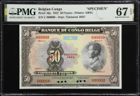 BELGIAN CONGO. Banque du Congo Belge. 50 Francs, 1952. P-16js. Specimen. PMG Superb Gem Uncirculated 67 EPQ.

Estimate: $400.00- $800.00