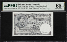 BELGIUM. Banque Nationale de Belgique. 5 Francs, 1938. P-108a. PMG Gem Uncirculated 65 EPQ.

Estimate: $50.00- $75.00