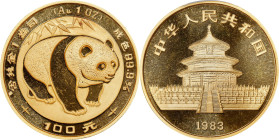 CHINA. Gold 100 Yuan, 1983. Panda Series. PCGS MS-69.
Fr-B4; KM-72; PAN-6A. Clear, mirror surfaces and full frost dominate this essentially perfect i...