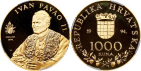 CROATIA. 1000 Kuna, 1994. NGC PROOF-66 Ultra Cameo.
Fr-3; KM-33. AGW: 0.2219 oz. Featuring Pope John Paul II, this specimen sets apart the pontiff's ...