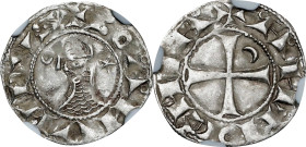 CRUSADER STATES. Antioch. Denier, ND (ca. 1163-88). Antioch Mint. Bohemond III. NGC AU-53.
Metcalf-379-80; CCS-67D. Weight: 0.81 gms. Obverse: Helmet...