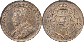 CYPRUS. 9 Piastres, 1919. London Mint. George V. PCGS AU-58.
KM-13. This appealing nearly Uncirculated example delivers rich details and soft toning ...