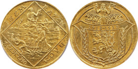 CZECHOSLOVAKIA. Gold Medallic 4 Ducats, 1928. Kremnica Mint. PCGS MS-64.
Fr-6; KMX-4; Novotny-I.A. By: Otakar Spaniel. Obverse: Saint driving plow dr...