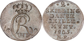 DENMARK. 2 Skilling, 1805-MF. Altona Mint. Christian VII. PCGS Genuine--Cleaned, Unc Details.
KM-660.2. Bearing a light wipe across the obverse, but ...