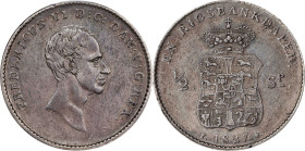 DENMARK. Rigsbankdaler (1/2 Speciedaler), 1827-FA FF. Altona Mint. Frederik VI. PCGS AU-55.
KM-696.1. Deeply toned and quite wholesome in appearance,...