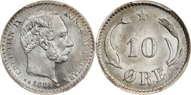 DENMARK. 10 Ore, 1884-CS. Copenhagen Mint. Christian IX. PCGS MS-64.
KM-795.1. Lustrous, satiny surfaces with the merest hints of champagne toning. A...