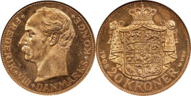 DENMARK. 20 Kroner, 1908-VDP GJ. Copenhagen Mint. Frederick VIII. NGC MS-65.
Fr-298; KM-809. This glowing Mint State 20 Kroner yields impressive deta...