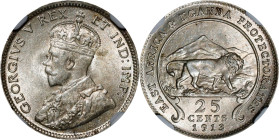 EAST AFRICA. 25 Cents, 1913. London Mint. George V. NGC MS-63.
KM-10. A satiny Choice representative with bright luster and no major marks or issues....