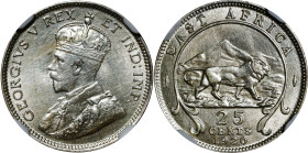 EAST AFRICA. 25 Cents, 1920-H. Birmingham (Heaton) Mint. George V. NGC Unc Details--Cleaned.
KM-15. Bearing uniform hairlines throughout in line with...