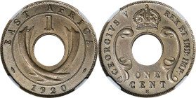 EAST AFRICA. Cent, 1920-H. Birmingham (Heaton) Mint. George V. NGC MS-62.
KM-12. SCARCE as a Mint State survivor; only about 30% of the original mint...