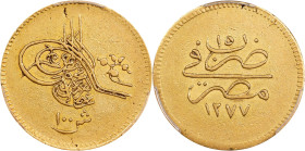EGYPT. Ottoman Empire. 100 Qirsh, AH 1277 Year 15 (1874/5). Cairo (Misr) Mint. Abdulaziz. PCGS EF-45.
Fr-11; KM-263. Moderately handled, and with a f...