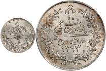 EGYPT. Ottoman Empire. Qirsh, AH 1293-W Year 10 (1885/6). Berlin Mint. Abdulhamid II. PCGS MS-64.
KM-292. A stunning near-Gem minor, this example rem...