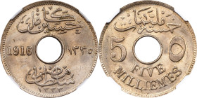 EGYPT. 5 Milliemes, AH 1335/1916-H. Birmingham (Heaton) Mint. Hussein Kamel. NGC MS-64+.
KM-315. A most pleasant near-Gem, with a rich luster and str...