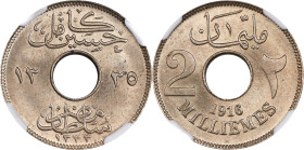 EGYPT. 2 Milliemes, AH 1335/1916-H. Birmingham (Heaton) Mint. Hussein Kamel. NGC MS-65.
KM-314. A pleasing Gem example, delivering rich alluring lust...