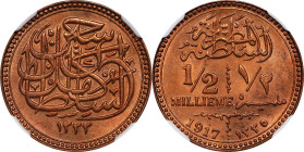 EGYPT. 1/2 Millieme, AH 1335/1917. Calcutta Mint. Hussein Kamel. NGC MS-66 Red Brown.
KM-312. A beautiful example, with rich Mint Red luster and cris...