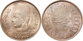EGYPT. 10 Piastres, AH 1356/1937. London Mint. Farouk I. PCGS MS-64.
KM-367. This near-Gem, enveloped in a lovely warm gray hue throughout, glistens ...