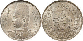 EGYPT. 5 Piastres, AH 1356/1937. London Mint. Farouk I. PCGS MS-64.
KM-366. A handsome near-Gem in champagne gray with luster springing off its surfa...