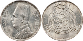 EGYPT. 2 Piastres, AH 1348/1929. London Mint. PCGS MS-64.
KM-348. This appealing and alluring near-Gem delivers enticing luster, with charming detail...