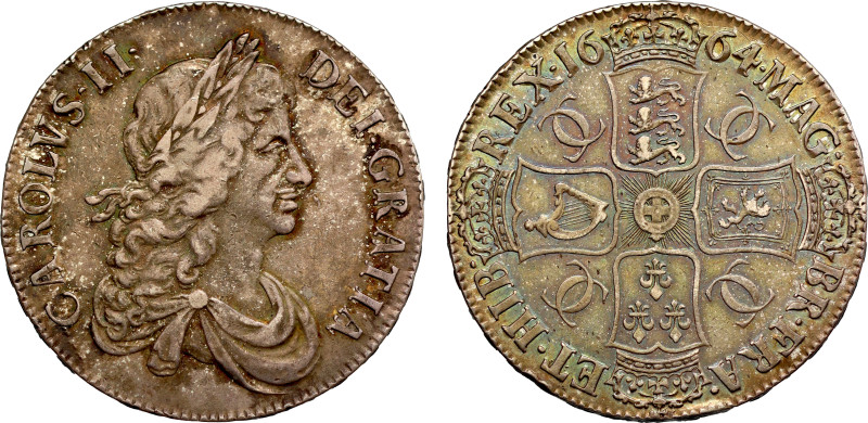 Charles II (1660-85), silver Crown, 1664, second laureate and draped bust right ...