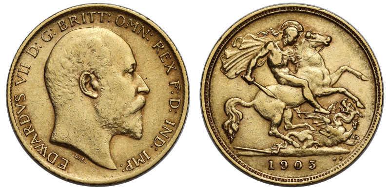 g Edward VII (1901-1910), gold Half Sovereign, 1905, bare head right, De S below...