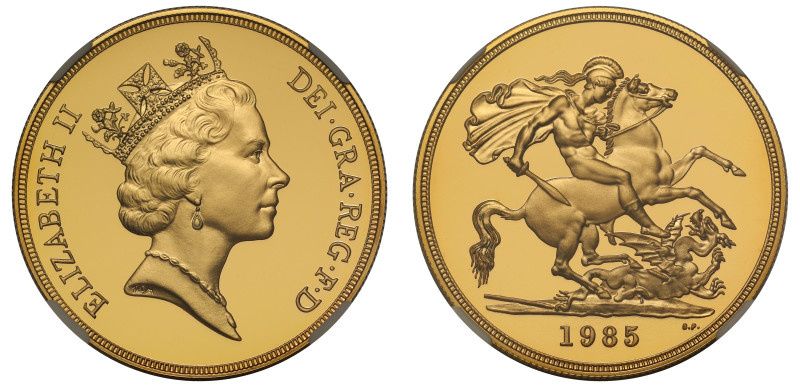 g Elizabeth II (1952-2022), gold proof Five Pounds, 1985, crowned head right, RD...