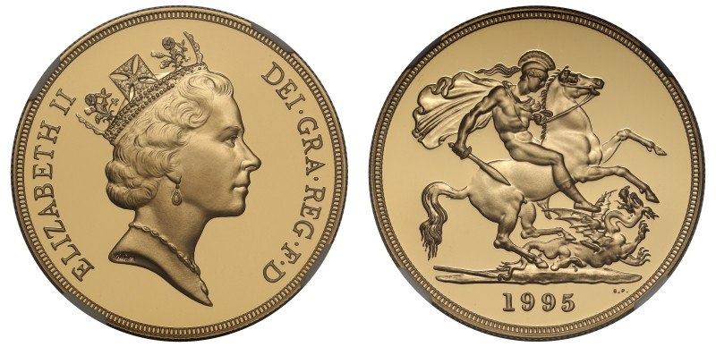 g Elizabeth II (1952-2022), gold proof Five Pounds, 1995, crowned head right, RD...