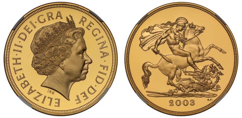 g Elizabeth II (1952-2022), gold proof Five Pounds, 2003, crowned head right, IR...