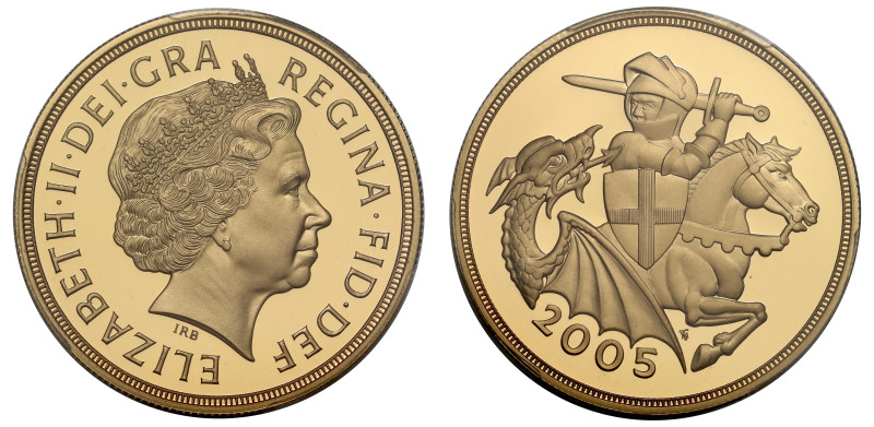 g Elizabeth II (1952-2022), gold proof Five Pounds, 2005, crowned head right, IR...