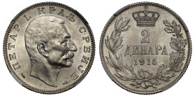 MS64 | Serbia Peter I 1915 silver Two Dinara 'coin alignment, no name'