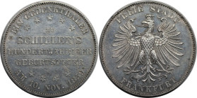 Altdeutsche Münzen und Medaillen, FRANKFURT - STADT. 100. Geburtstag von Friedrich Schiller. Gedenktaler 1859. Silber. KM 359, AKS 43. Fast Stempelgla...