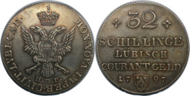 Altdeutsche Münzen und Medaillen, LÜBECK. STADT. 32 Schillinge 1797, mit dem Abzeichen des Bürgermeisters Hermann Georg Bünekau. Silber. 18,33 g. Behr...