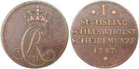 Altdeutsche Münzen und Medaillen, SCHLESWIG - HOLSTEIN. Christian VII. (1784-1808). 1 Sechsling 1787. Kupfer. KM 118. Sehr schön-vorzüglich