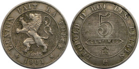 Europäische Münzen und Medaillen, Belgien / Belgium. Leopold II. 5 Centimes 1901. Kupfer-Nickel. KM 44. Vorzüglich+