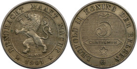 Europäische Münzen und Medaillen, Belgien / Belgium. Leopold II. 5 Centimes 1901. Kupfer-Nickel. KM 45. Stempelglanz