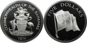 Weltmünzen und Medaillen, Bahamas. Nationalflagge. 5 Dollars 1974. 42,12 g. 0.925 Silber. 1.25 OZ. KM 67a. Polierte Platte