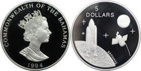 Weltmünzen und Medaillen, Bahamas. Space Shuttle und Satellit. 5 Dollars 1994. 31,10 g. 0.999 Silber. 1.0 OZ. KM 171. Polierte Platte