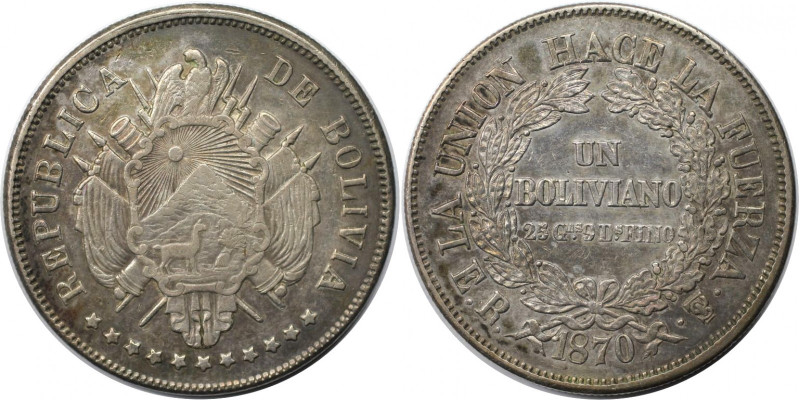 Weltmünzen und Medaillen, Bolivien / Bolivia. 1 Boliviano 1870 PTS ER. Silber. K...