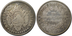 Weltmünzen und Medaillen, Bolivien / Bolivia. 1 Boliviano 1870 PTS ER. Silber. KM 155. Vorzüglich+